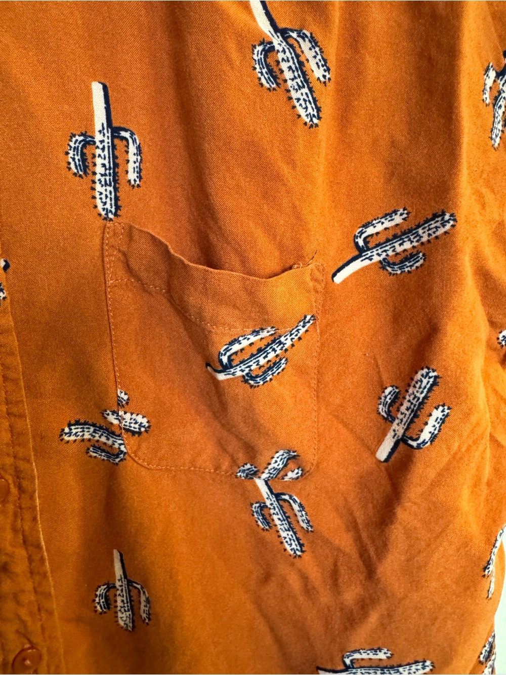 Women’s Short-Sleeve Button-Down Shirt in Rust Orange with Pink Cactus Print - Picture 7 of 8